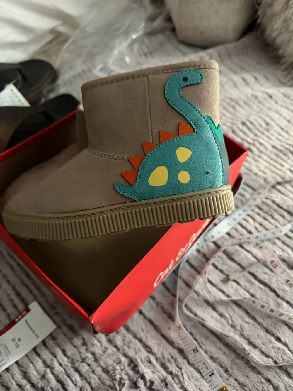 Children's Beige Boot with Teal Dinosaur Accent